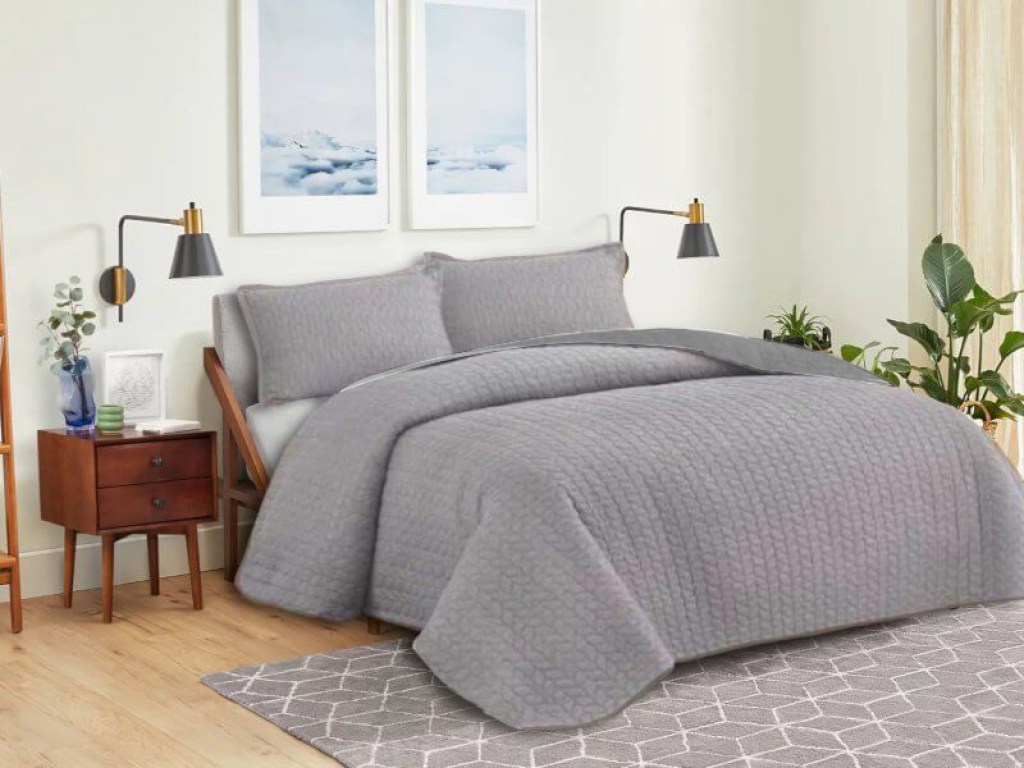 Κουβερλί Σετ Μονό Μονόχρωμο Γκρι-Γκρι Leaves Διπλής Όψεως Microfiber Γαρύφαλλο 160x240 | Γαρύφαλλο - Λευκά Είδη