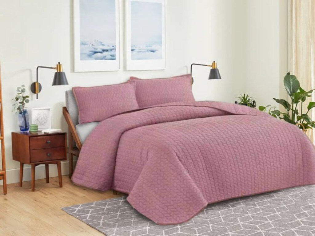 Κουβερλί Σετ Μονό Μονόχρωμο Σάπιο Μήλο Leaves Διπλής Όψεως Microfiber Γαρύφαλλο 160x240 | Γαρύφαλλο - Λευκά Είδη