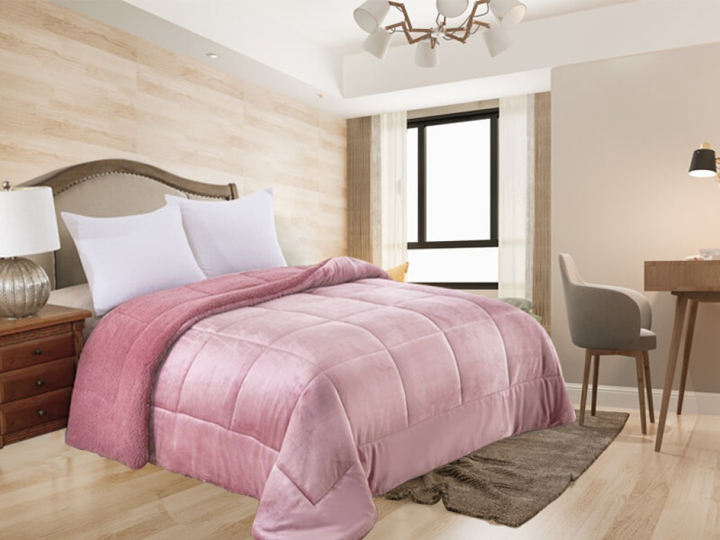 Κουβερτοπάπλωμα Μονό Βελουτέ Ροζ Square Με Sherpa Γαρύφαλλο 160x220 | Γαρύφαλλο - Λευκά Είδη