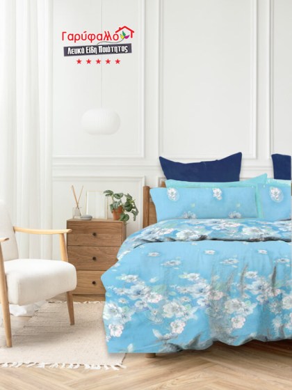 Σετ Σεντόνια Γίγας - King Size Βαμβοκασατεν 200 Κλωστών Γαλάζιο Floral Γαρύφαλλο 235x255 | Γαρύφαλλο - Λευκά Είδη