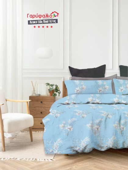 Σετ Σεντόνια Γίγας - King Size Βαμβοκασατεν 200 Κλωστών Γαλάζιο Ανεμώνα Γαρύφαλλο 235x255 | Γαρύφαλλο - Λευκά Είδη