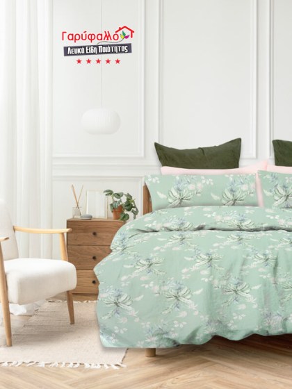 Σετ Σεντόνια Γίγας - King Size Βαμβοκασατεν 200 Κλωστών Πράσινο Λουλούδι Γαρύφαλλο 235x255 | Γαρύφαλλο - Λευκά Είδη