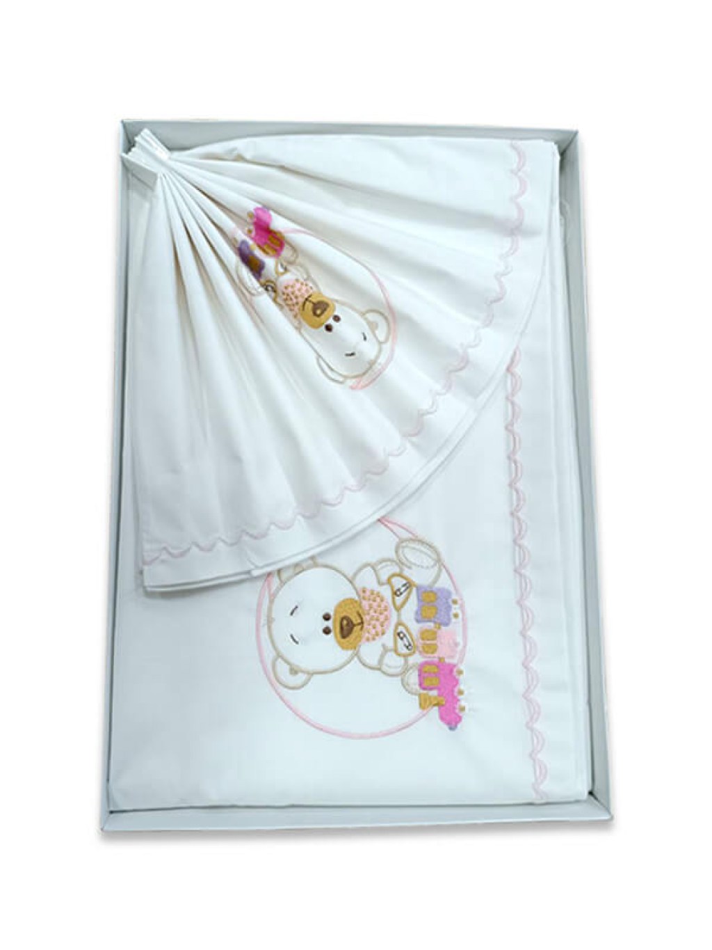 Σετ Βρεφικά Σεντόνια Κούνιας Βαμβακερά Με Κέντημα Μικρό Αρκουδάκι Ροζ Γαρύφαλλο 110x160 | Γαρύφαλλο - Λευκά Είδη