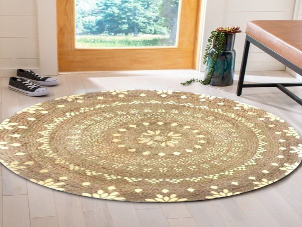 Χαλί Γιούτα Στρογγυλό Βαμβακερό Φλοράλ Natural Γαρύφαλλο Δ100-150 | Γαρύφαλλο - Λευκά Είδη