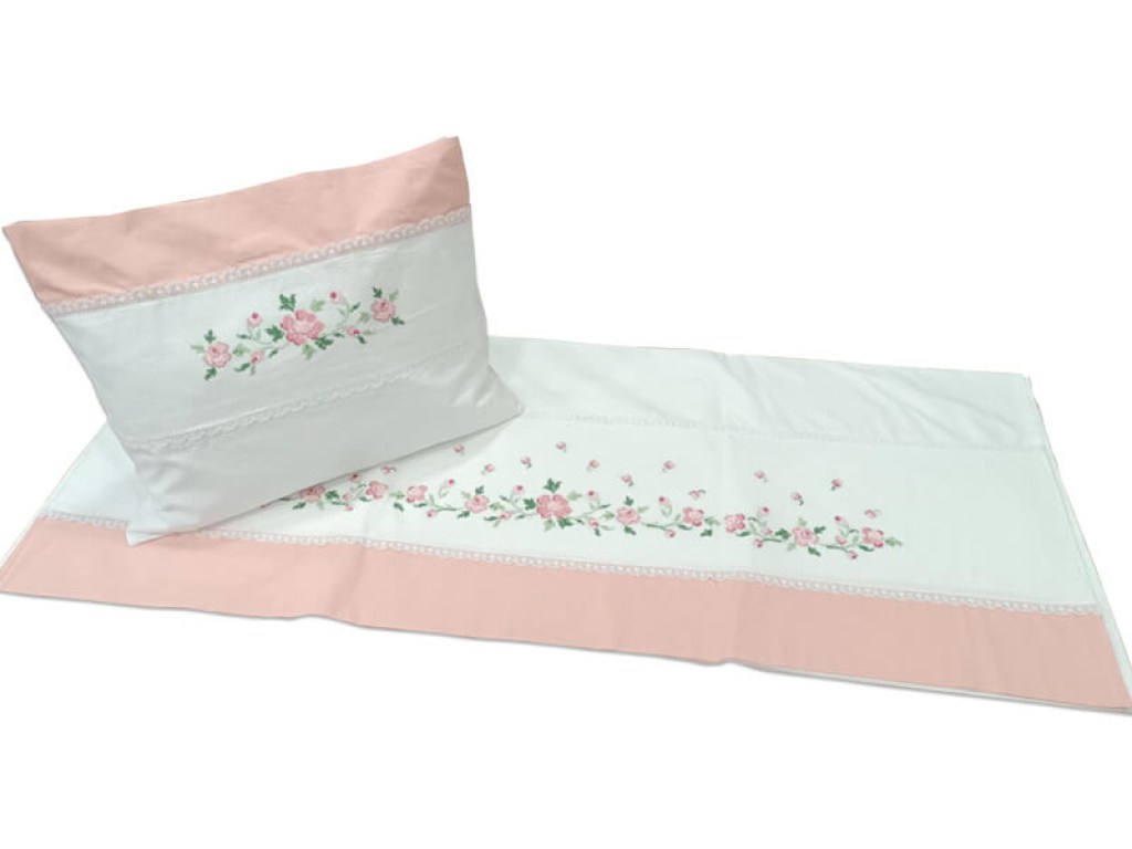 Χειροποίητα Σετ Βρεφικά Σεντόνια Κούνιας Βαμβακερά Με Κέντημα Λουλουδάκια Ροζ Γαρύφαλλο 115x180 | Γαρύφαλλο - Λευκά Είδη