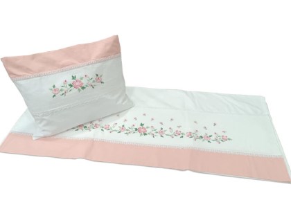 Χειροποίητα Σετ Βρεφικά Σεντόνια Κούνιας Βαμβακερά Με Κέντημα Λουλουδάκια Ροζ Γαρύφαλλο 115x180 | Γαρύφαλλο - Λευκά Είδη