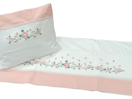 Χειροποίητα Σετ Βρεφικά Σεντόνια Κούνιας Βαμβακερά Με Κέντημα Λουλουδάκια Ροζ Γαρύφαλλο 115x180 | Γαρύφαλλο - Λευκά Είδη